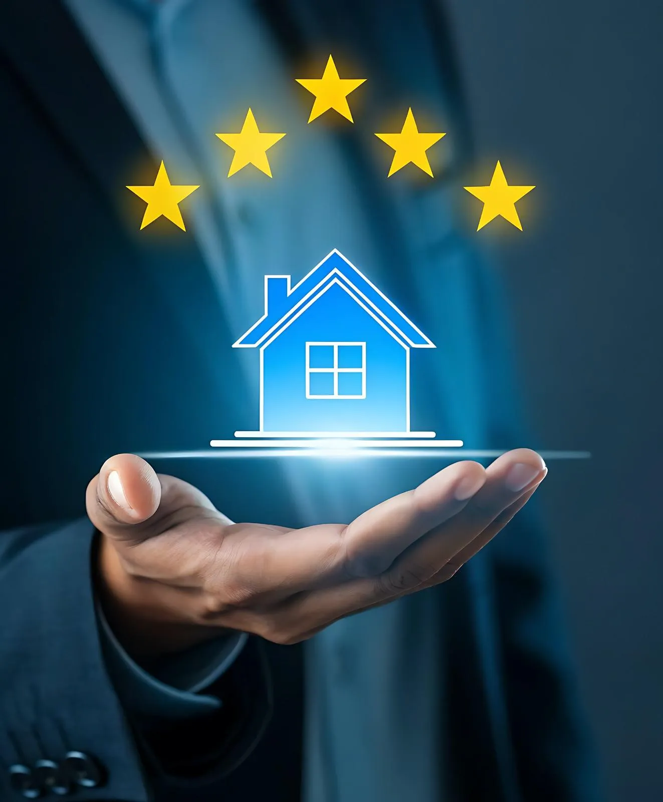 Open hand holding a glowing house icon under five gold stars